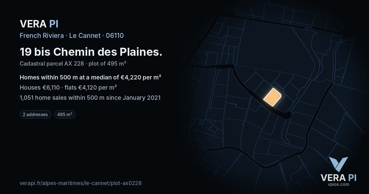 19 bis Chemin des Plaines, Le Cannet at night – the plot lit, the parcels around coloured by the prices near them