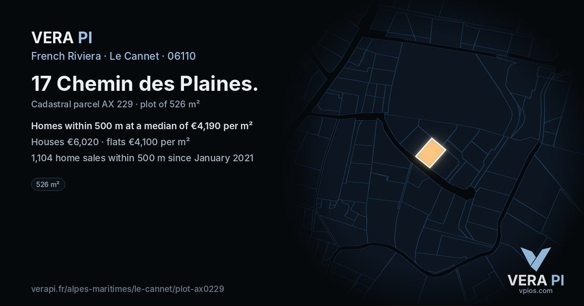 17 Chemin des Plaines, Le Cannet at night – the plot lit, the parcels around coloured by the prices near them