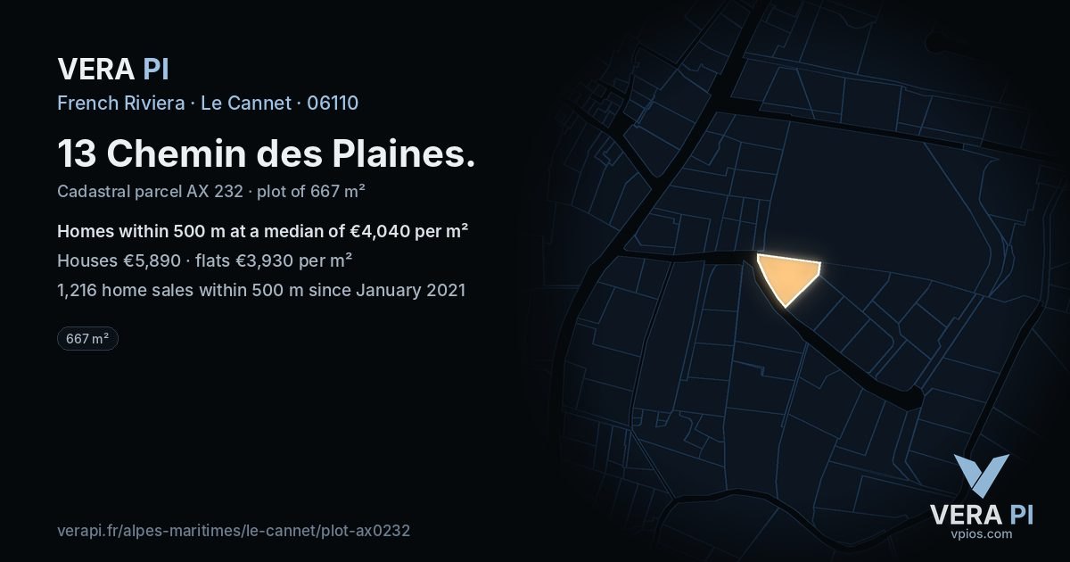 13 Chemin des Plaines, Le Cannet at night – the plot lit, the parcels around coloured by the prices near them