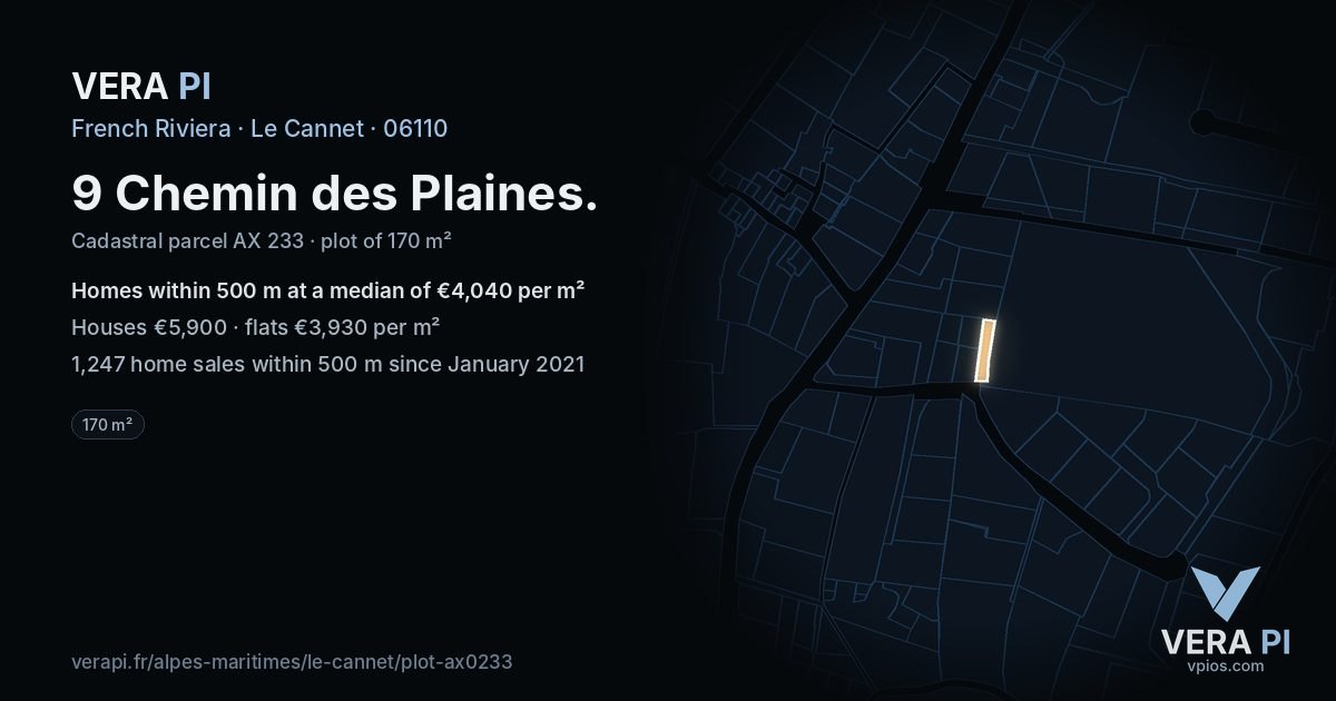 9 Chemin des Plaines, Le Cannet at night – the plot lit, the parcels around coloured by the prices near them