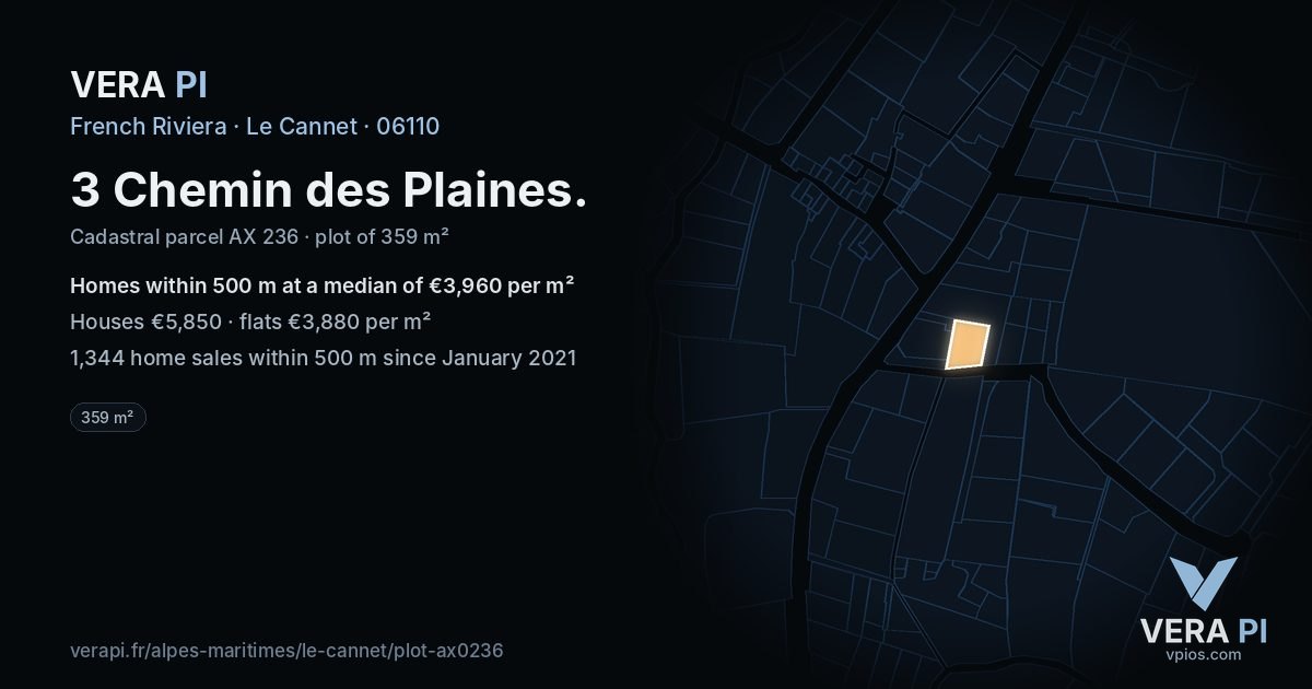 3 Chemin des Plaines, Le Cannet at night – the plot lit, the parcels around coloured by the prices near them