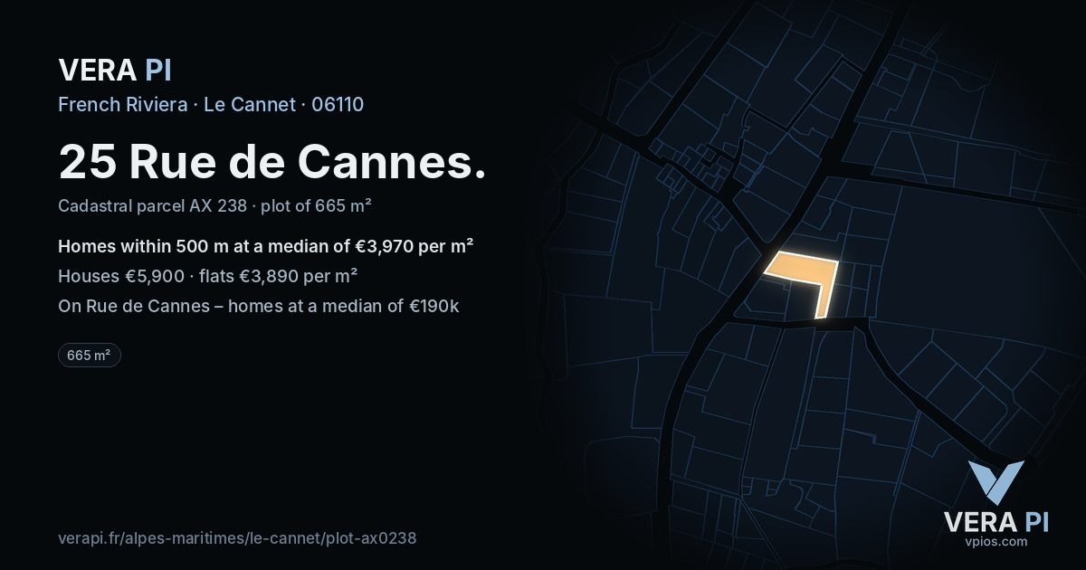 25 Rue de Cannes, Le Cannet at night – the plot lit, the parcels around coloured by the prices near them