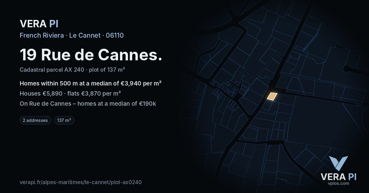 19 Rue de Cannes, Le Cannet at night – the plot lit, the parcels around coloured by the prices near them
