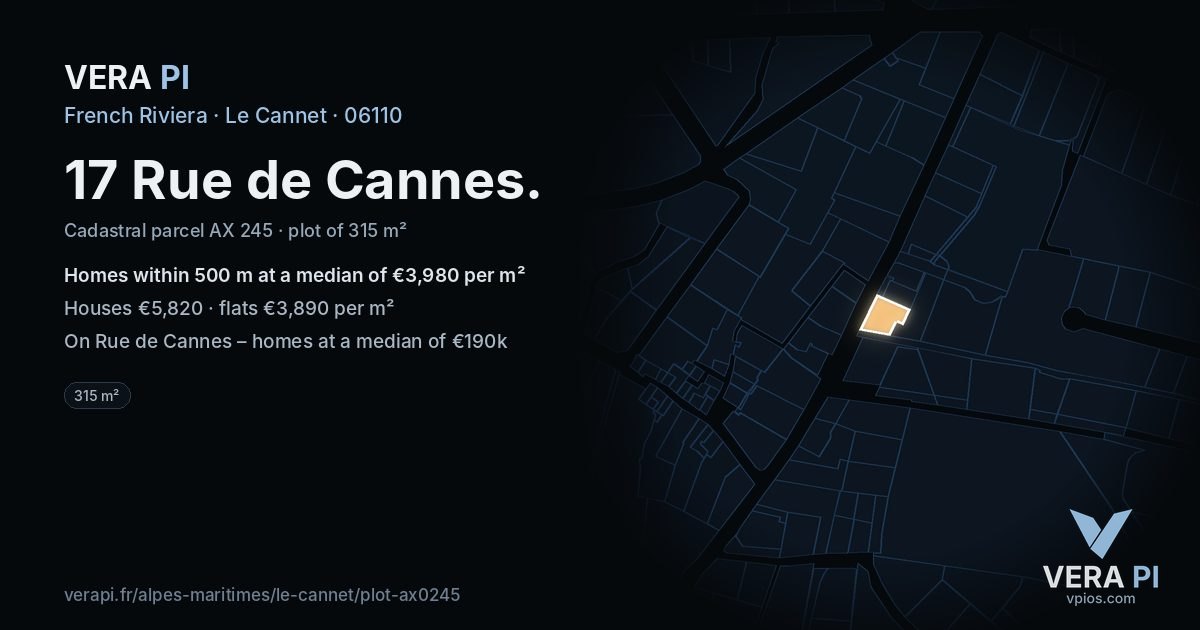 17 Rue de Cannes, Le Cannet at night – the plot lit, the parcels around coloured by the prices near them