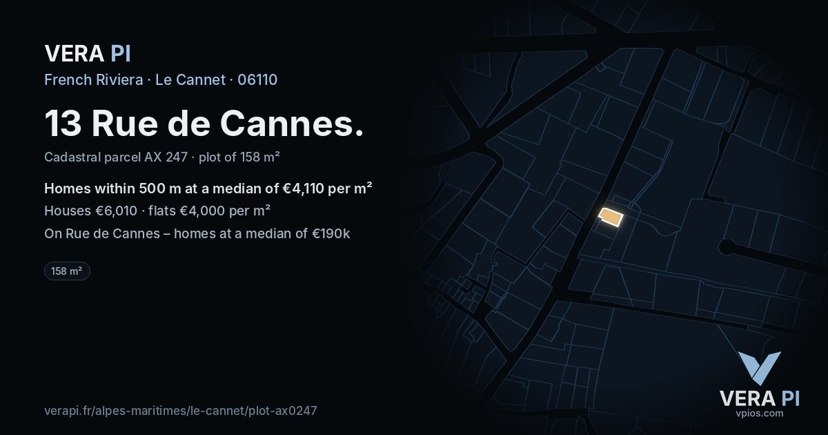 13 Rue de Cannes, Le Cannet at night – the plot lit, the parcels around coloured by the prices near them