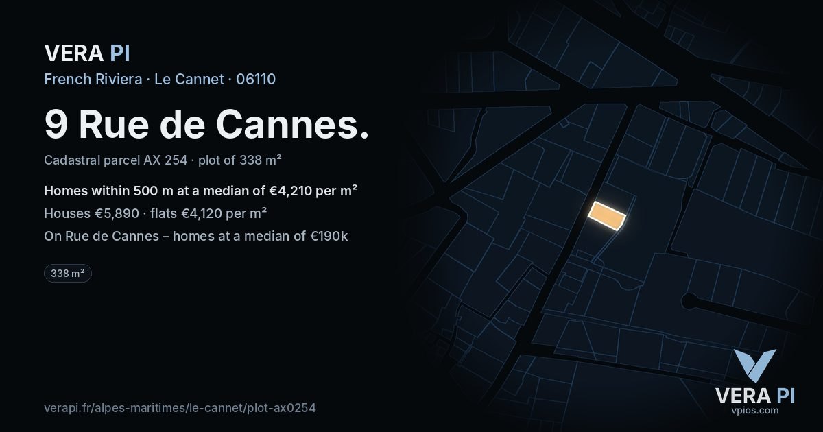 9 Rue de Cannes, Le Cannet at night – the plot lit, the parcels around coloured by the prices near them