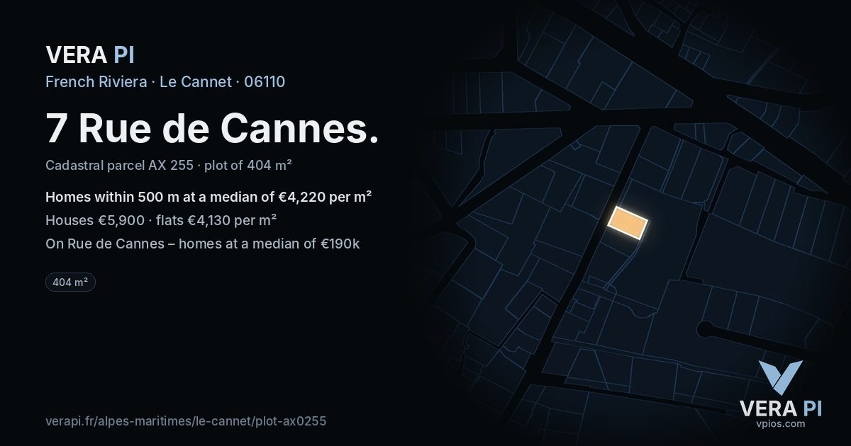 7 Rue de Cannes, Le Cannet at night – the plot lit, the parcels around coloured by the prices near them