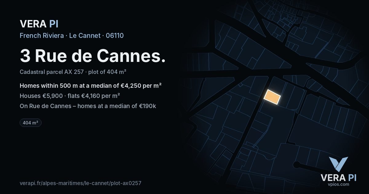 3 Rue de Cannes, Le Cannet at night – the plot lit, the parcels around coloured by the prices near them