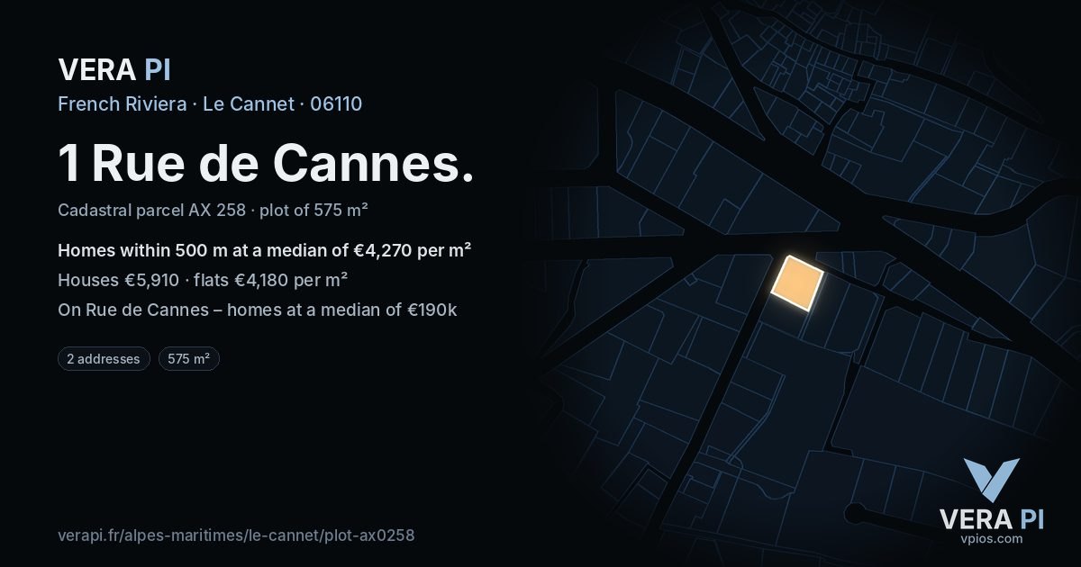 1 Rue de Cannes, Le Cannet at night – the plot lit, the parcels around coloured by the prices near them