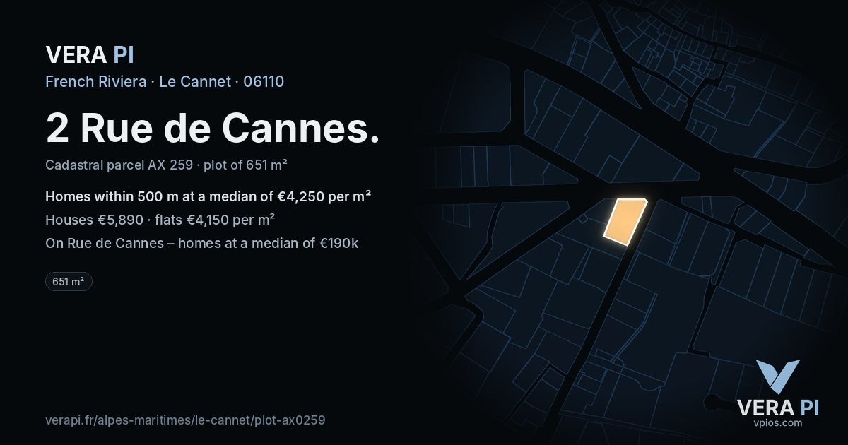 2 Rue de Cannes, Le Cannet at night – the plot lit, the parcels around coloured by the prices near them