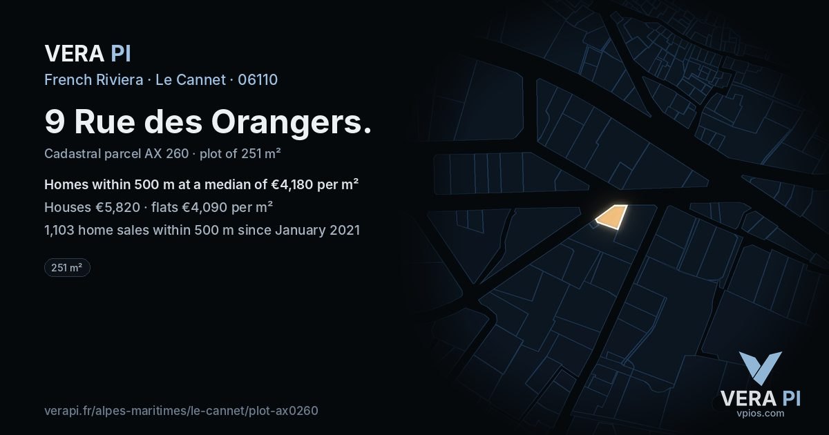 9 Rue des Orangers, Le Cannet at night – the plot lit, the parcels around coloured by the prices near them