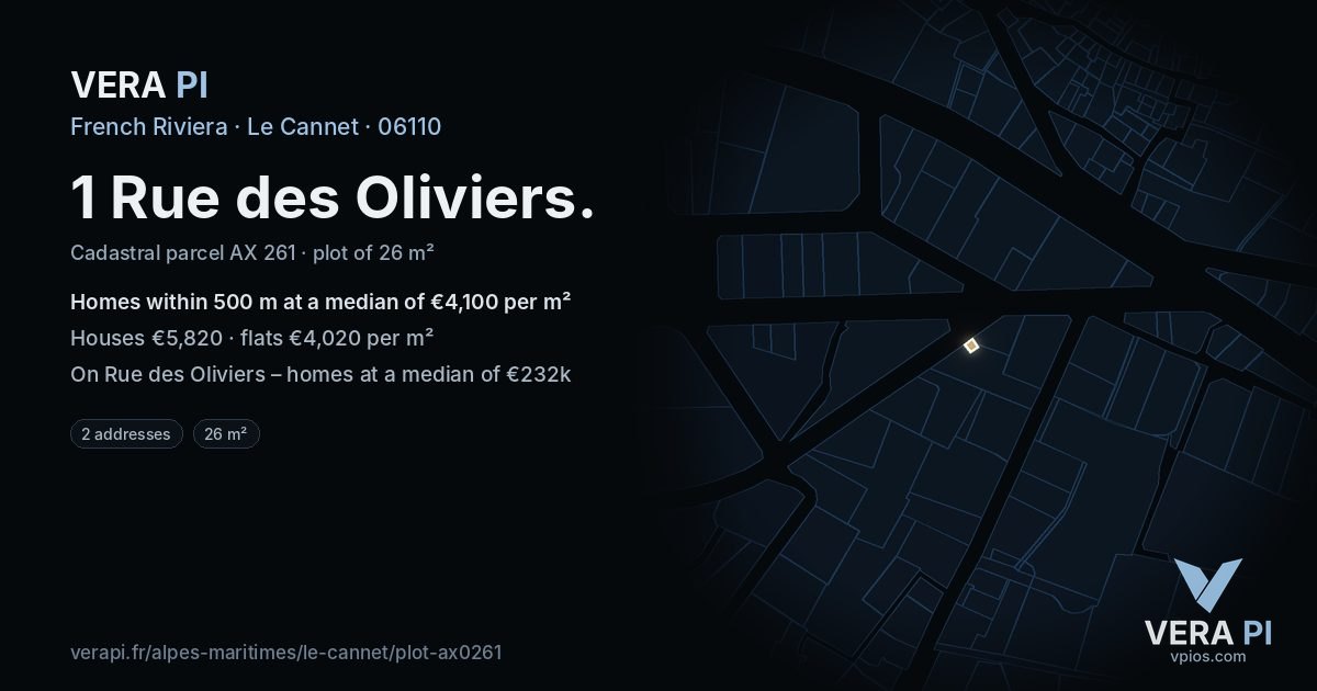 1 Rue des Oliviers, Le Cannet at night – the plot lit, the parcels around coloured by the prices near them