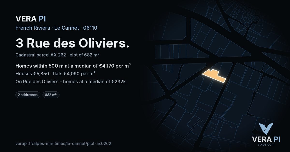 3 Rue des Oliviers, Le Cannet at night – the plot lit, the parcels around coloured by the prices near them