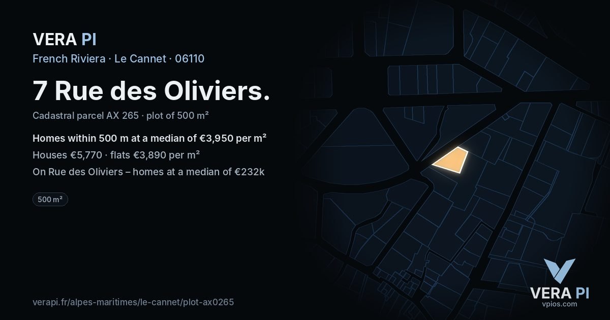 7 Rue des Oliviers, Le Cannet at night – the plot lit, the parcels around coloured by the prices near them
