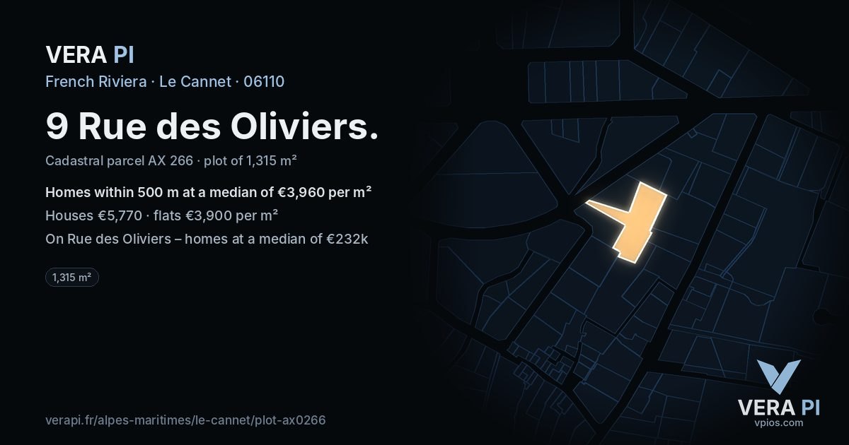 9 Rue des Oliviers, Le Cannet at night – the plot lit, the parcels around coloured by the prices near them