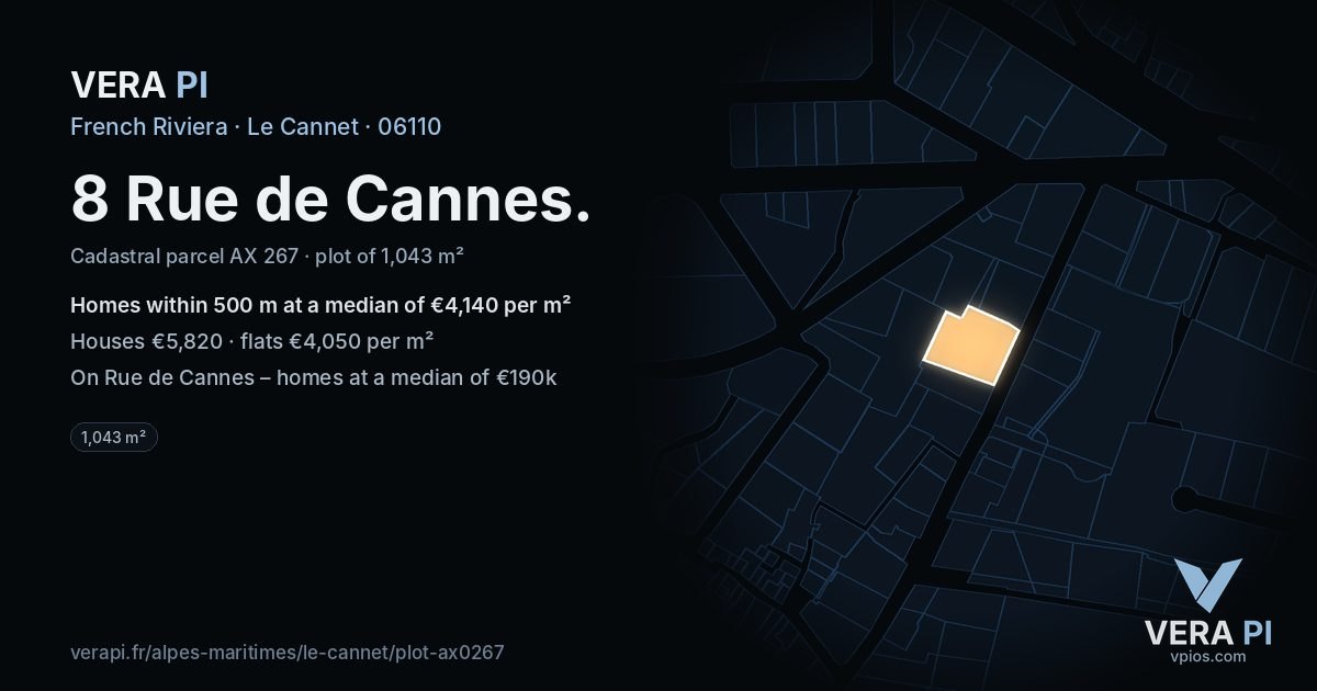8 Rue de Cannes, Le Cannet at night – the plot lit, the parcels around coloured by the prices near them