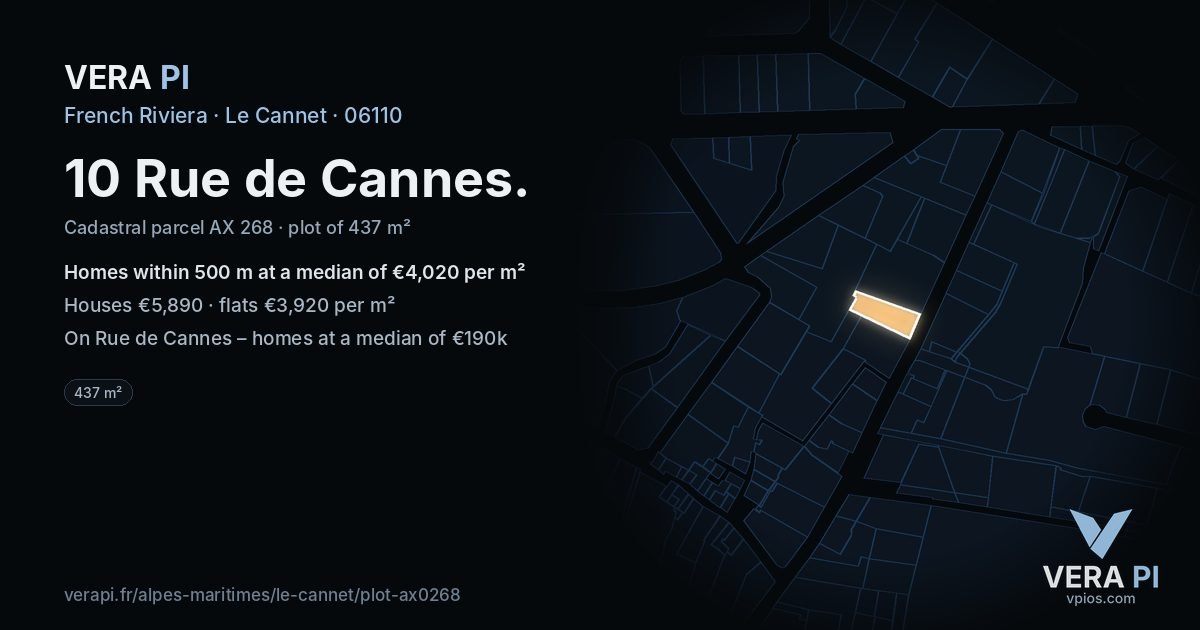 10 Rue de Cannes, Le Cannet at night – the plot lit, the parcels around coloured by the prices near them
