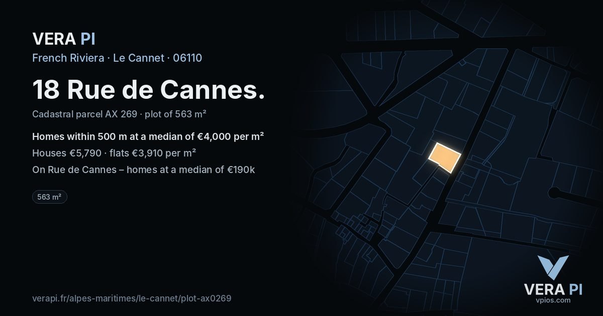 18 Rue de Cannes, Le Cannet at night – the plot lit, the parcels around coloured by the prices near them