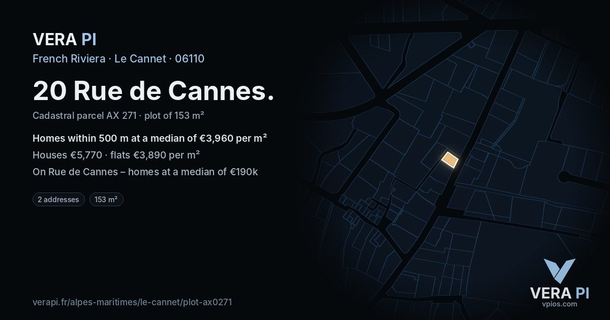 20 Rue de Cannes, Le Cannet at night – the plot lit, the parcels around coloured by the prices near them