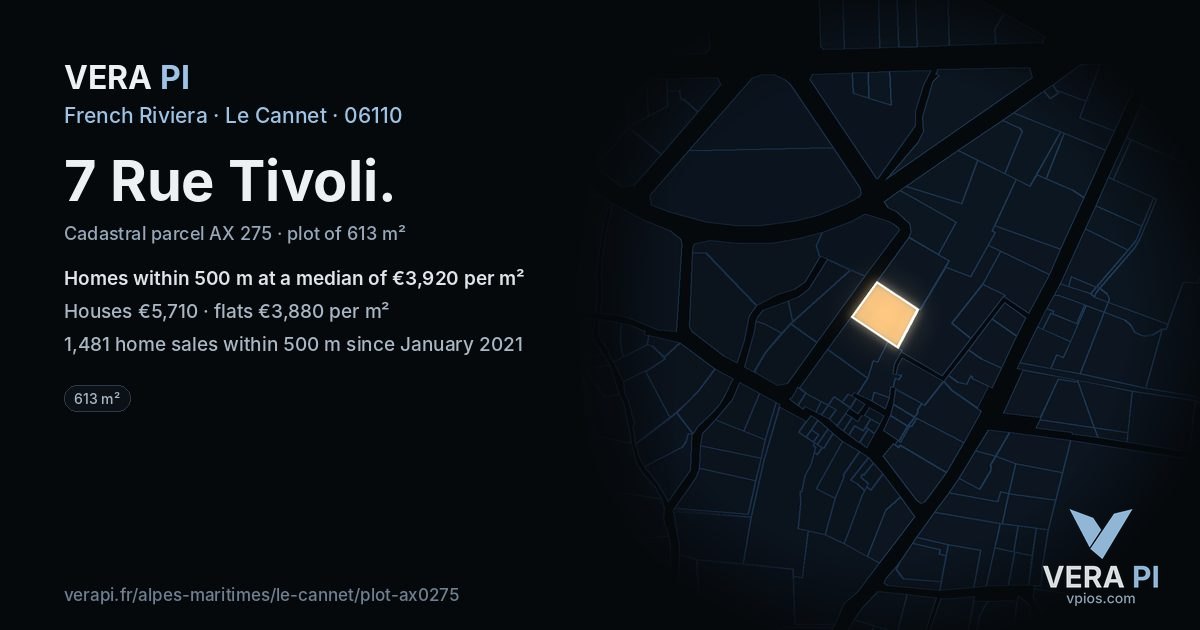 7 Rue Tivoli, Le Cannet at night – the plot lit, the parcels around coloured by the prices near them