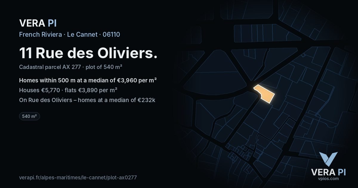 11 Rue des Oliviers, Le Cannet at night – the plot lit, the parcels around coloured by the prices near them