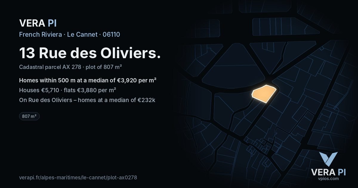 13 Rue des Oliviers, Le Cannet at night – the plot lit, the parcels around coloured by the prices near them