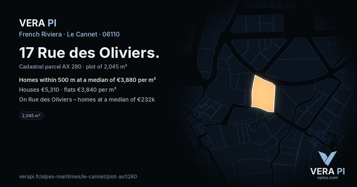 17 Rue des Oliviers, Le Cannet at night – the plot lit, the parcels around coloured by the prices near them