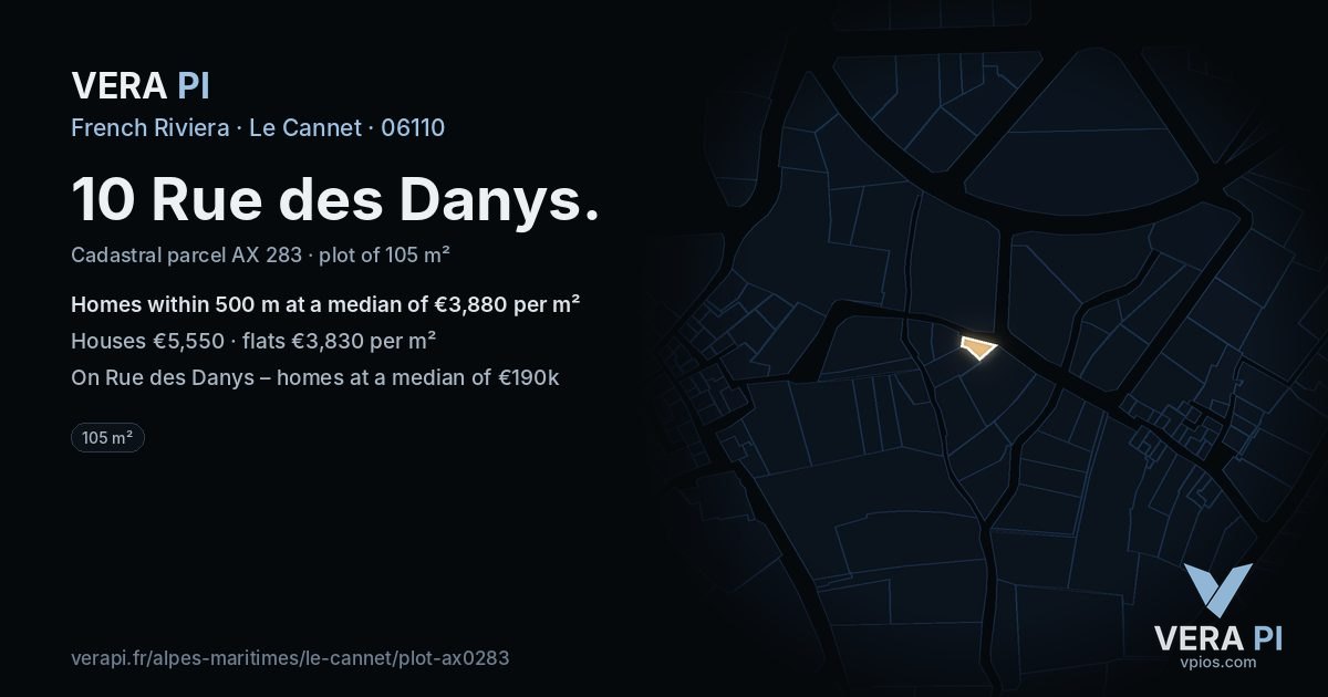 10 Rue des Danys, Le Cannet at night – the plot lit, the parcels around coloured by the prices near them