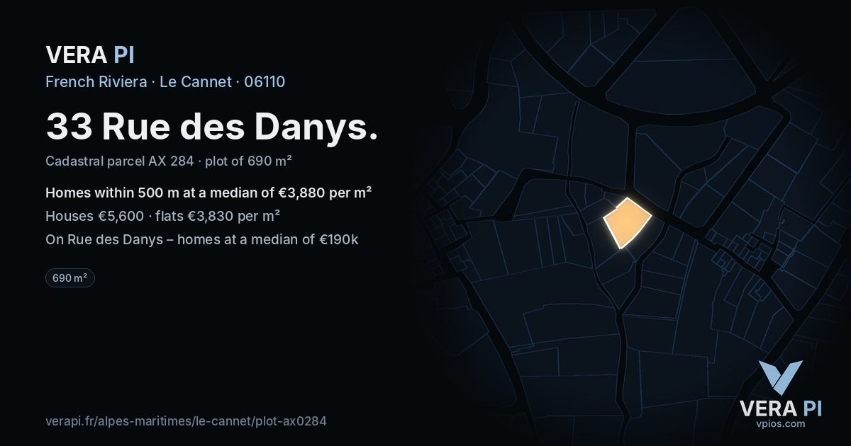 33 Rue des Danys, Le Cannet at night – the plot lit, the parcels around coloured by the prices near them