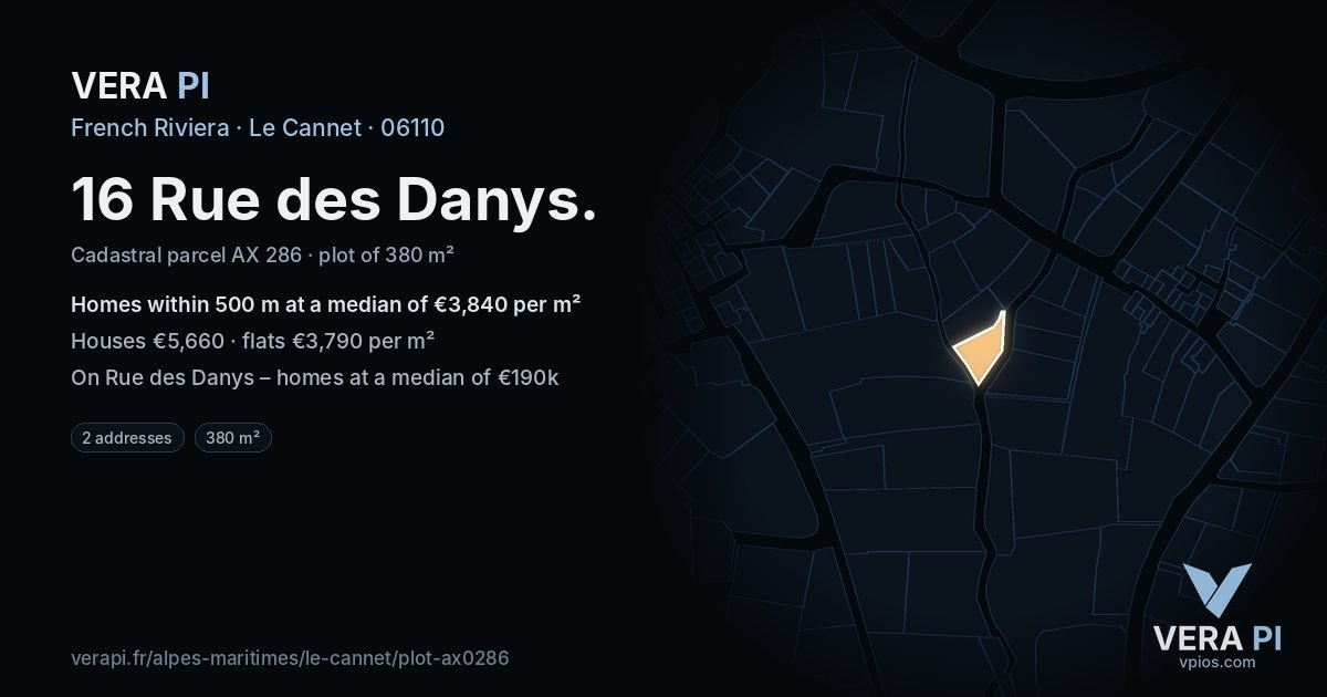 16 Rue des Danys, Le Cannet at night – the plot lit, the parcels around coloured by the prices near them