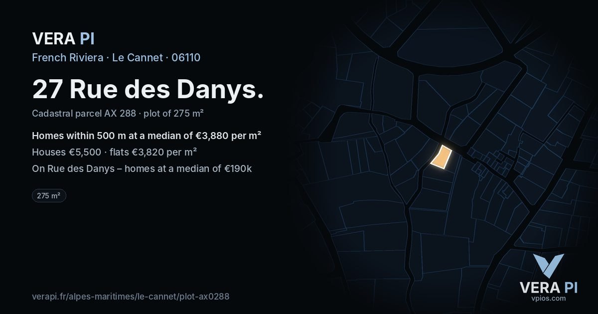 27 Rue des Danys, Le Cannet at night – the plot lit, the parcels around coloured by the prices near them