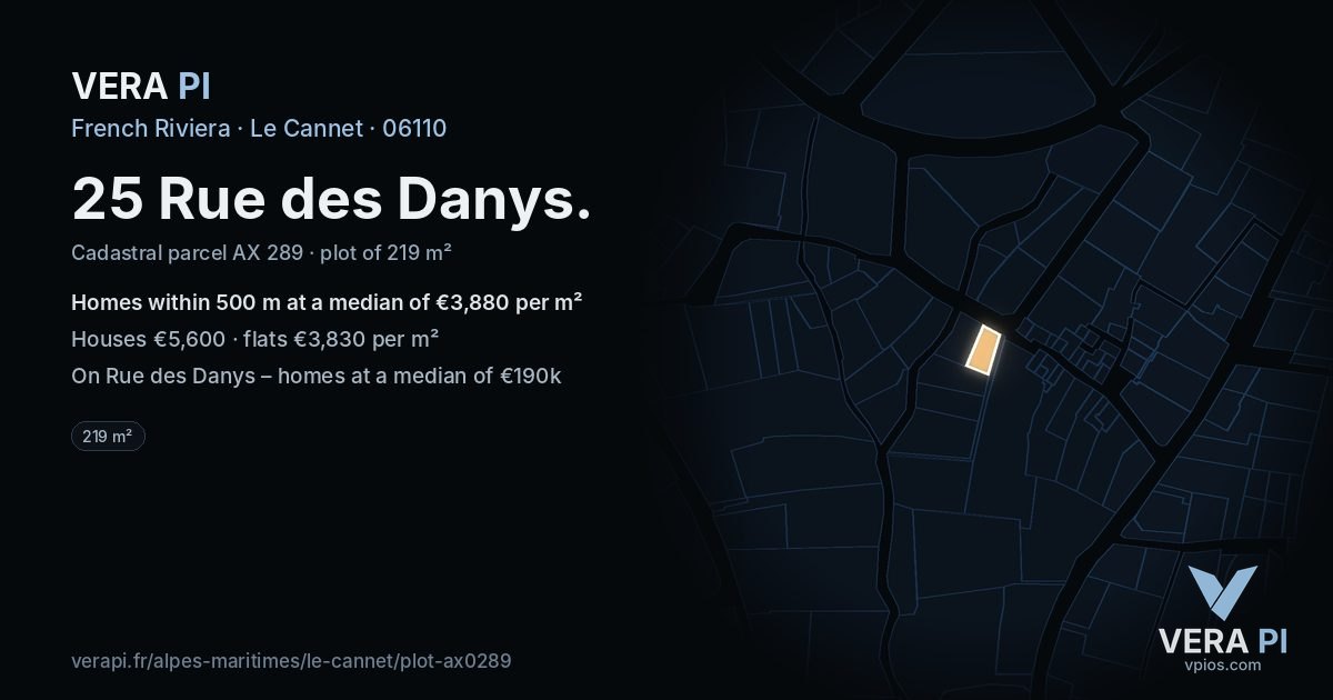 25 Rue des Danys, Le Cannet at night – the plot lit, the parcels around coloured by the prices near them