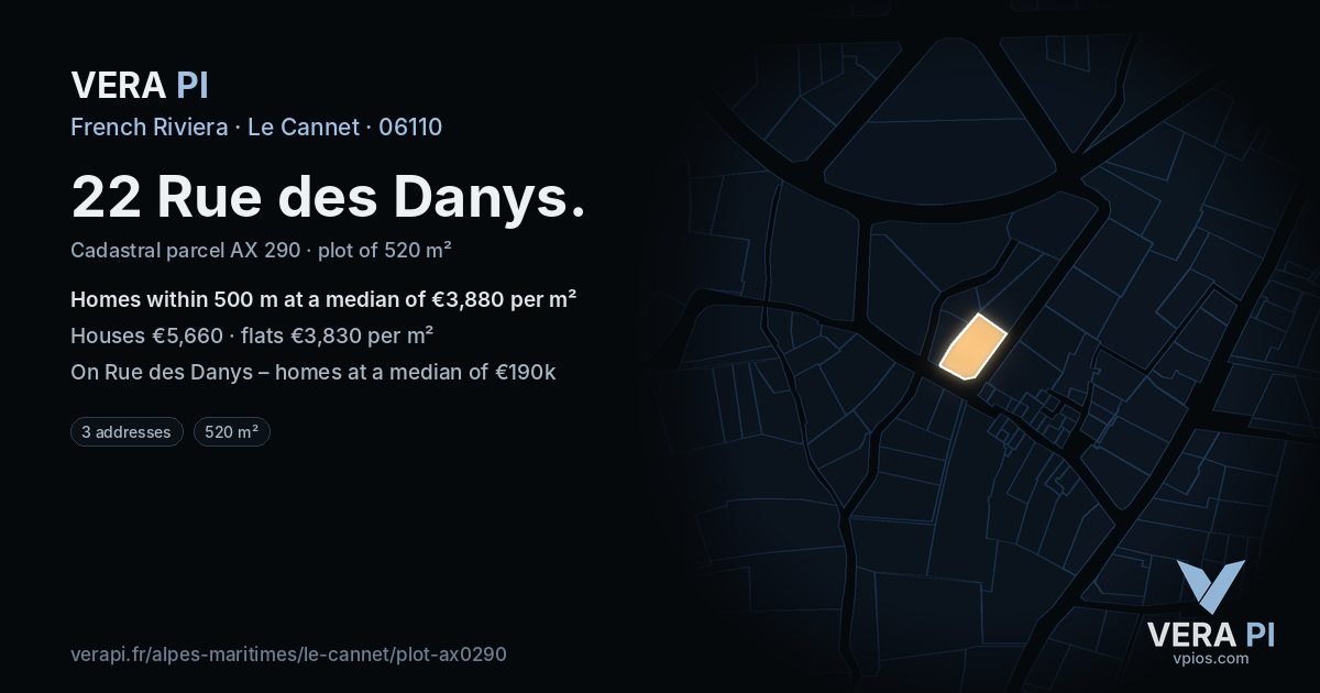 22 Rue des Danys, Le Cannet at night – the plot lit, the parcels around coloured by the prices near them