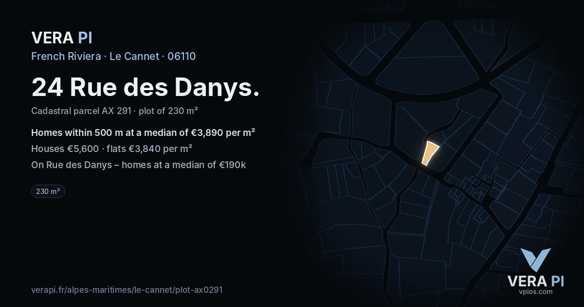 24 Rue des Danys, Le Cannet at night – the plot lit, the parcels around coloured by the prices near them
