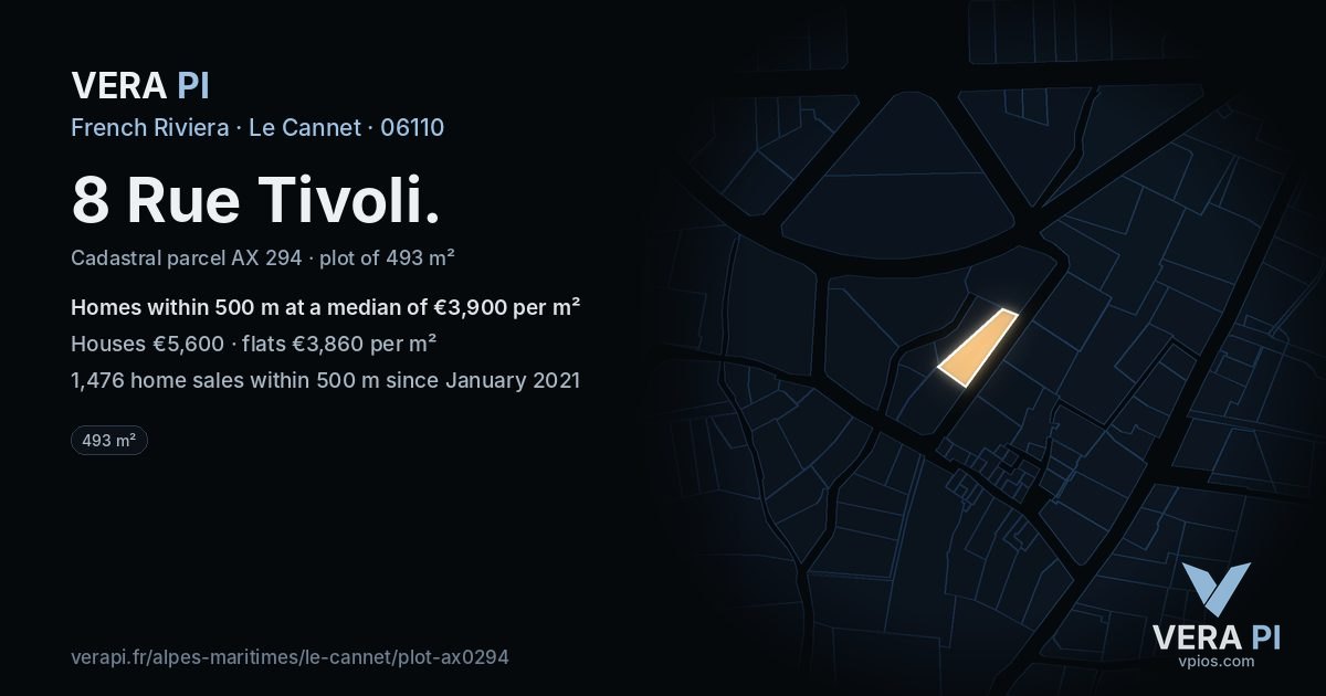 8 Rue Tivoli, Le Cannet at night – the plot lit, the parcels around coloured by the prices near them