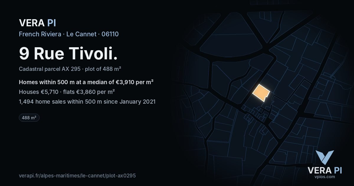 9 Rue Tivoli, Le Cannet at night – the plot lit, the parcels around coloured by the prices near them