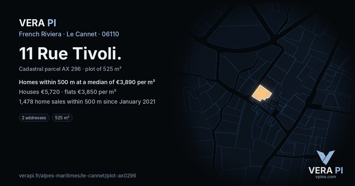 11 Rue Tivoli, Le Cannet at night – the plot lit, the parcels around coloured by the prices near them