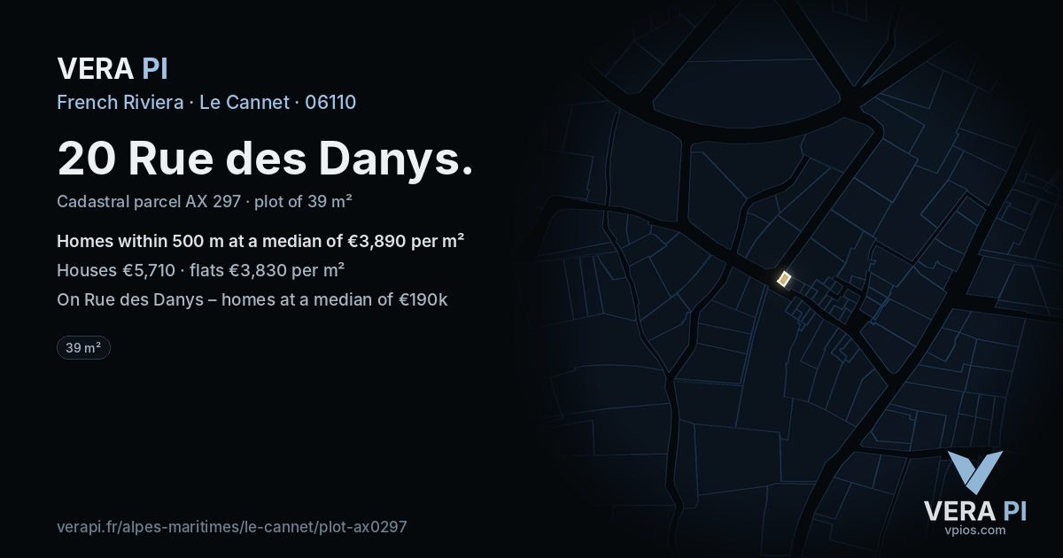 20 Rue des Danys, Le Cannet at night – the plot lit, the parcels around coloured by the prices near them