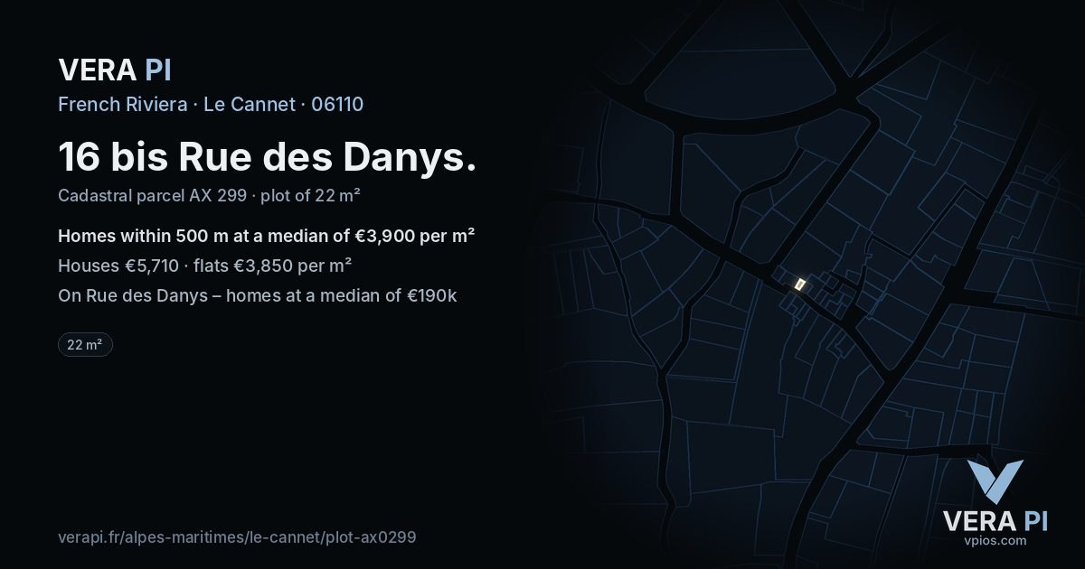 16 bis Rue des Danys, Le Cannet at night – the plot lit, the parcels around coloured by the prices near them