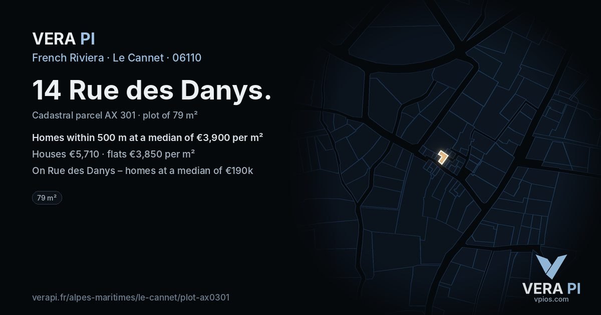 14 Rue des Danys, Le Cannet at night – the plot lit, the parcels around coloured by the prices near them
