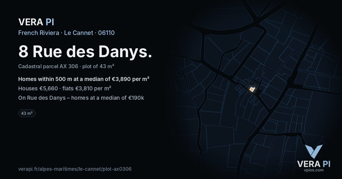8 Rue des Danys, Le Cannet at night – the plot lit, the parcels around coloured by the prices near them