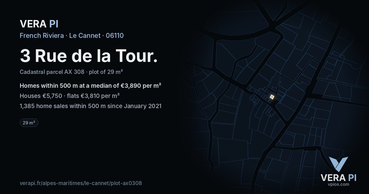 3 Rue de la Tour, Le Cannet at night – the plot lit, the parcels around coloured by the prices near them