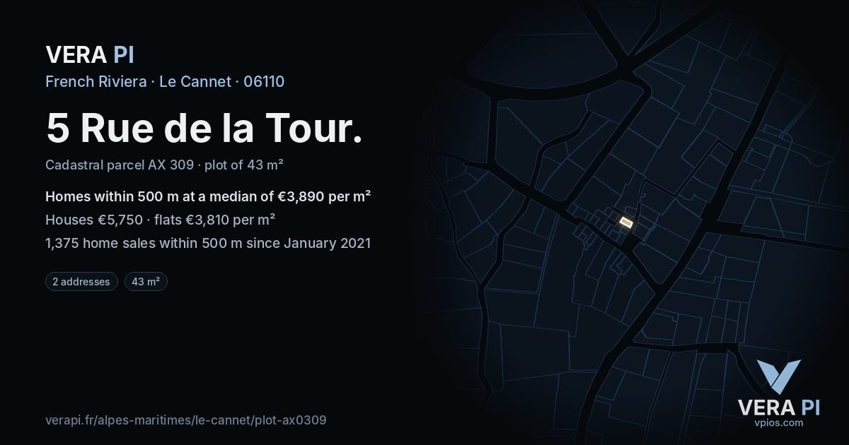 5 Rue de la Tour, Le Cannet at night – the plot lit, the parcels around coloured by the prices near them