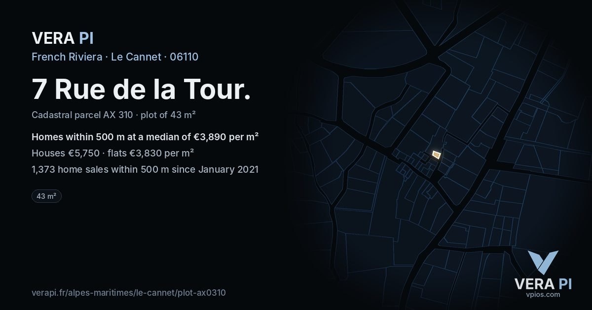 7 Rue de la Tour, Le Cannet at night – the plot lit, the parcels around coloured by the prices near them