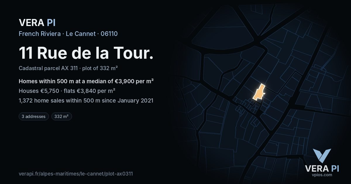 11 Rue de la Tour, Le Cannet at night – the plot lit, the parcels around coloured by the prices near them