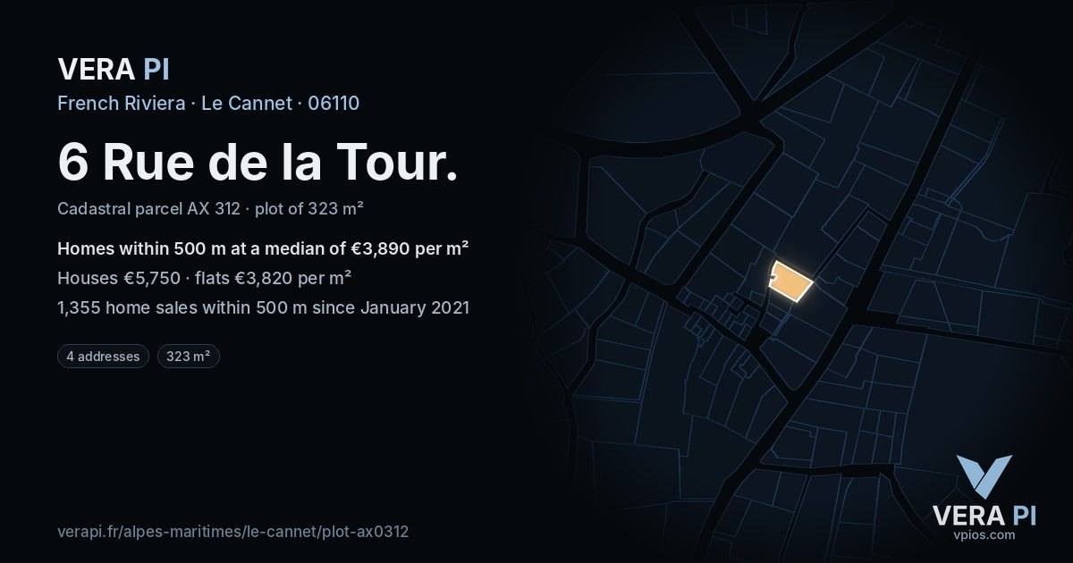 6 Rue de la Tour, Le Cannet at night – the plot lit, the parcels around coloured by the prices near them