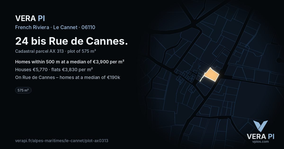 24 bis Rue de Cannes, Le Cannet at night – the plot lit, the parcels around coloured by the prices near them