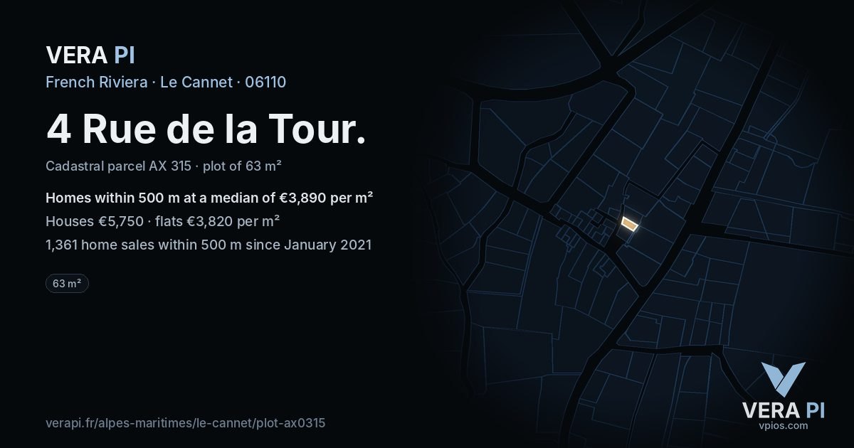 4 Rue de la Tour, Le Cannet at night – the plot lit, the parcels around coloured by the prices near them
