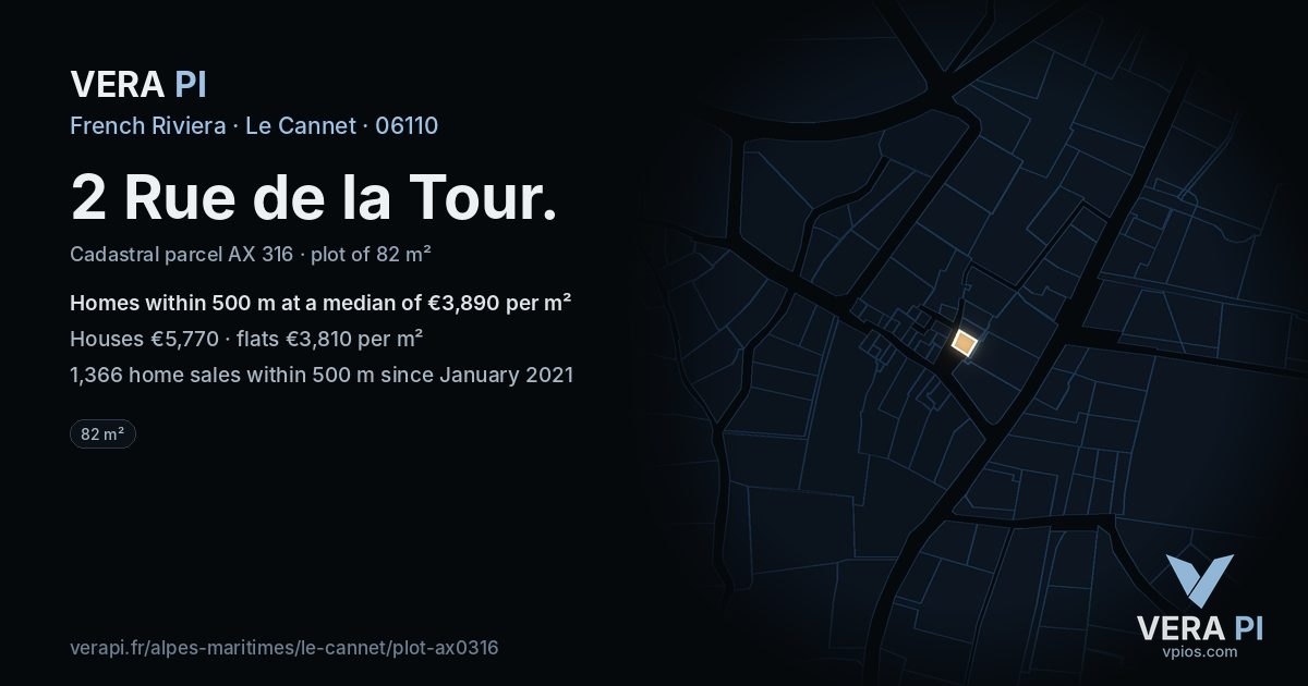 2 Rue de la Tour, Le Cannet at night – the plot lit, the parcels around coloured by the prices near them