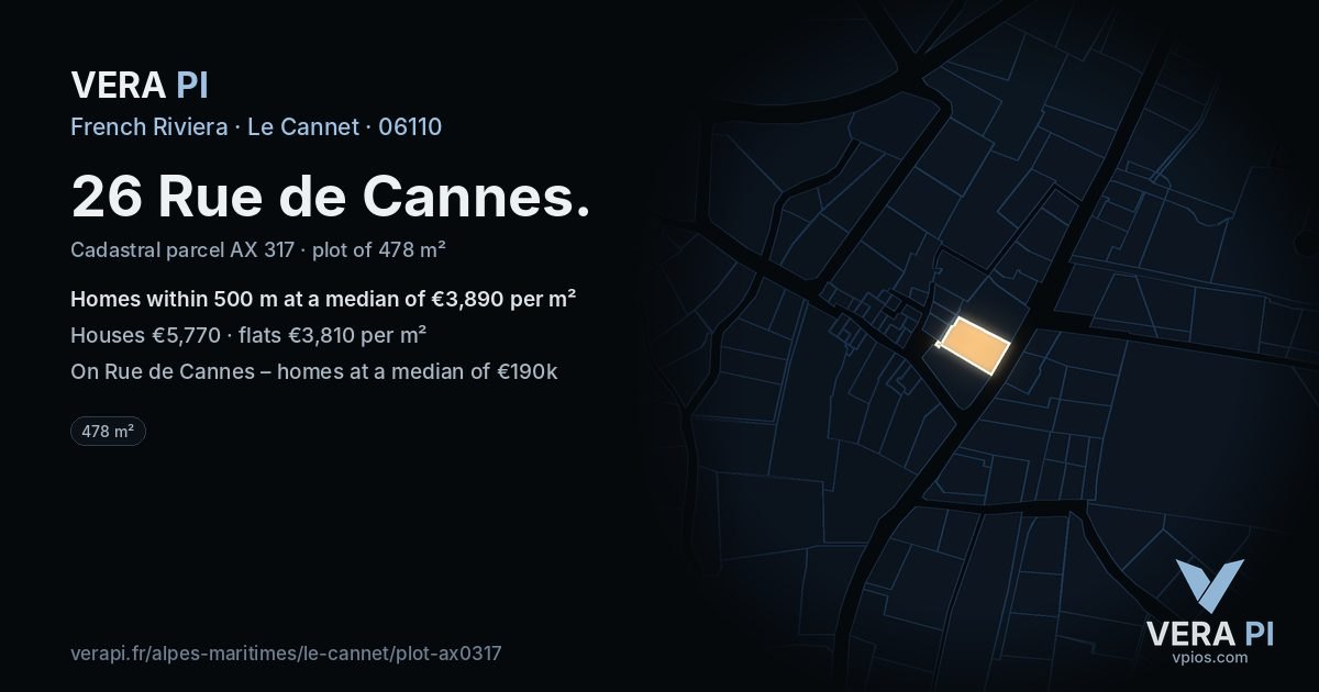 26 Rue de Cannes, Le Cannet at night – the plot lit, the parcels around coloured by the prices near them
